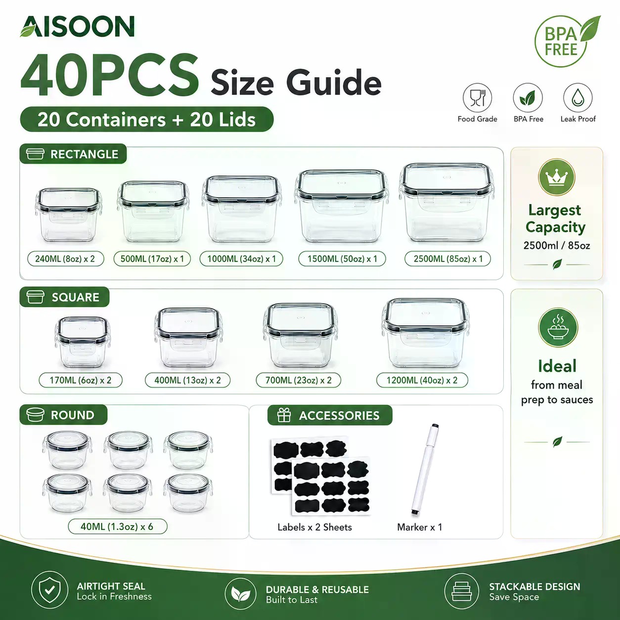 40 PCS Extra Large 85oz Silico - Food Storage Meals 评论和价格